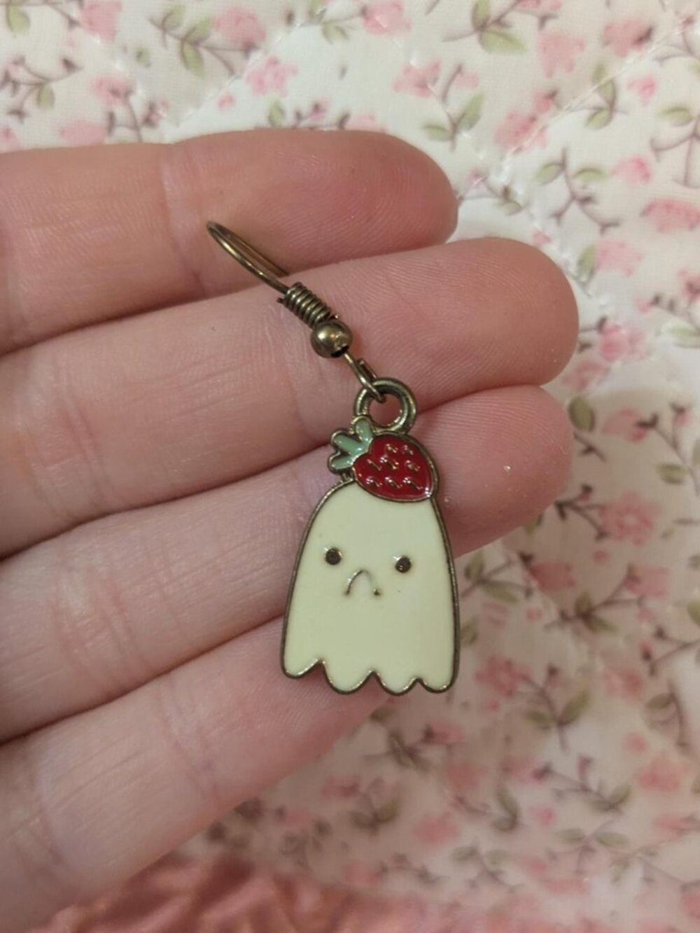handmade sad ghost with strawberry dangle earrings